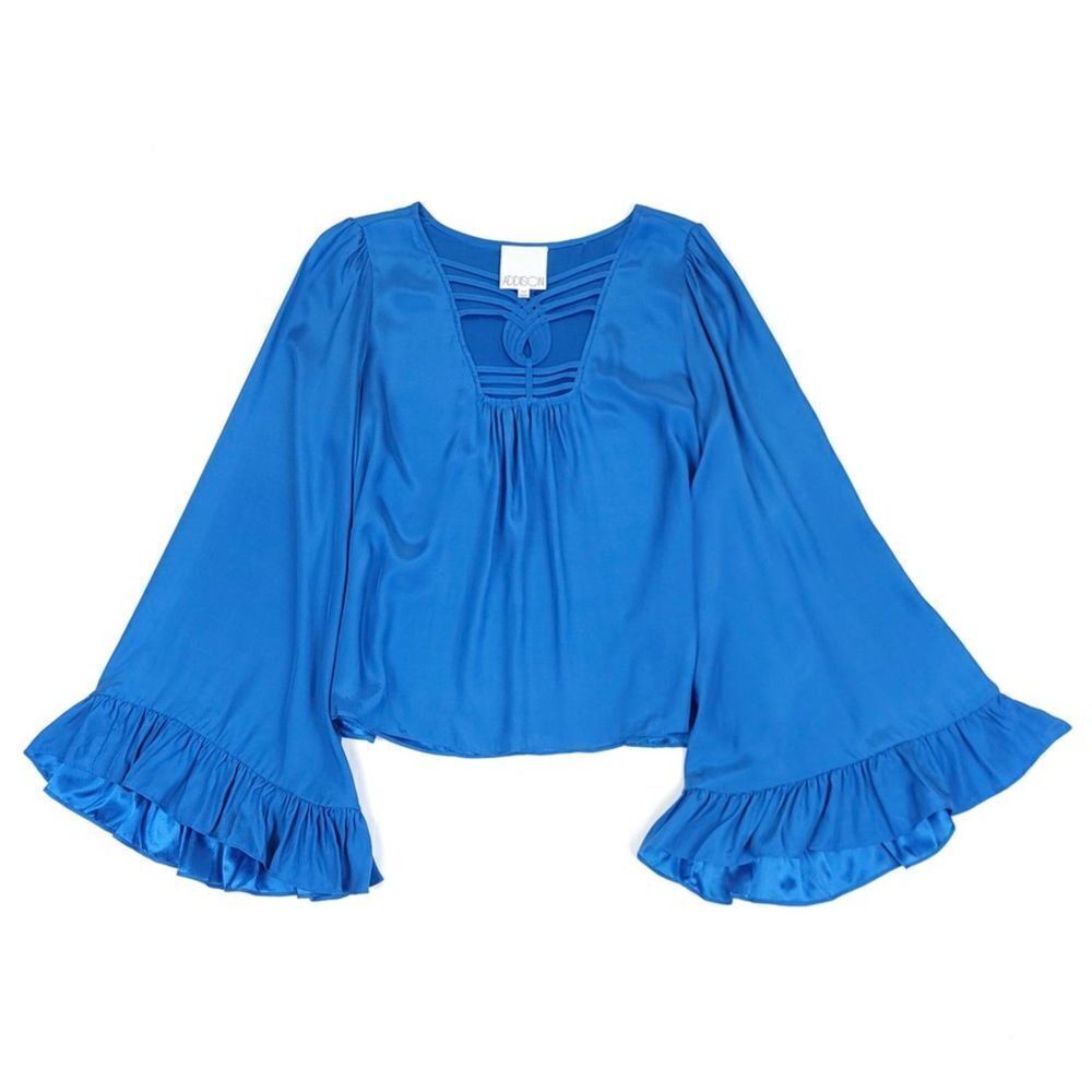 ADDISON Silk Bell Sleeve Cut Out Long Sleeve Blouse in Bright Blue Womens Medium